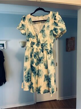 Floral V-Neck Puff Sleeve Dress in Blue